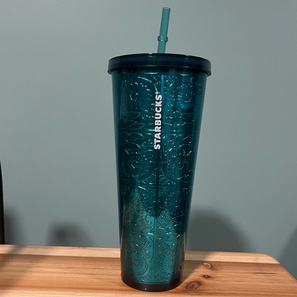 Starbucks Other - Starbucks Embossed Tin Floral Metallic Foil Teal Blue Cold Cup 24oz Tumbler 2017